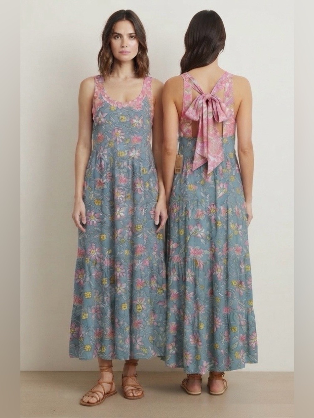 Natural life Hallie halter maxi dress blue floral rayon boho flow size medium